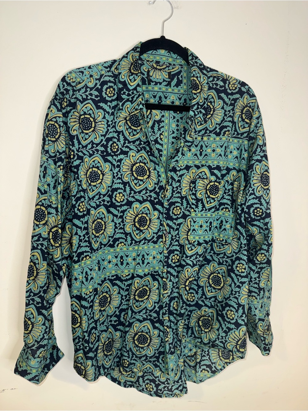 Vintage Men’s Navy Teal Floral Block Print Button Down Shirt Bohemian